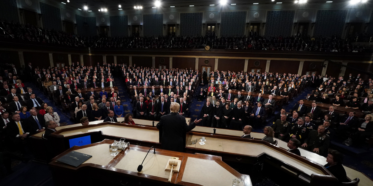 A photo of the U.S. Congress during the 2018 State of the Union address for a story about a CA cardroom owner running for a seat in the U.S. House of Representatives.