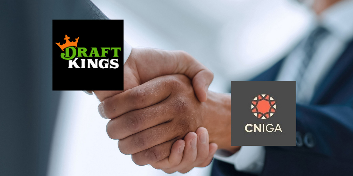 A picture of a handshake with logos of DraftKings and a tribal organization for a story about the new alliance between the two to oppose the new sports betting initiative in CA.