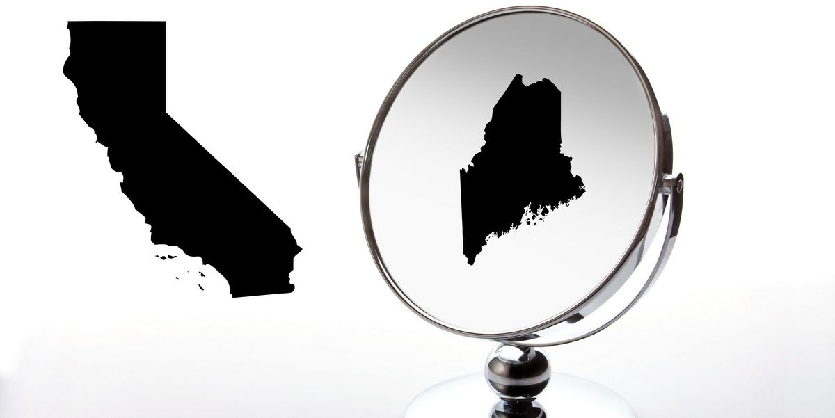 A picture of a mirror with Maine and California for a story about California mimicking Maine's online casino plan.