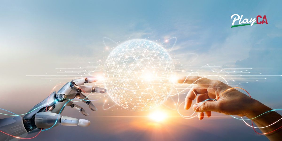 Hand reaching out to an AI hand signifies the growing place of AI discussed at the Indian Gaming Association Tradeshow