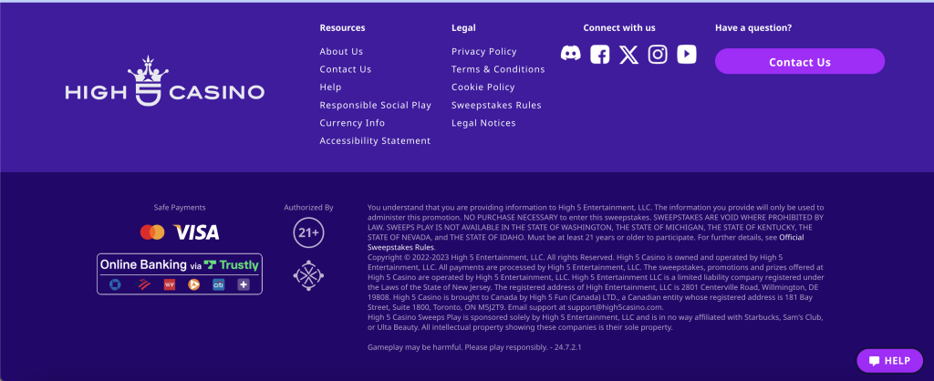 High 5 Casino home screen with age requirement displayed.