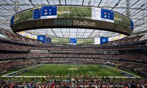The Infinity Screen at Sofi Stadium in Los Angeles during a Rams game. Genius Sports has partnered with the Los Angeles Rams to provide data-driven highlights on the Infinity Screen at Rams games.