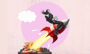 Woman riding a launching rocket to indicate new partnership between Sparket and Sportzino. FunPicks allows players to pick the outcome of various current events, such as politics, reality TV shows, pop culture and sports.