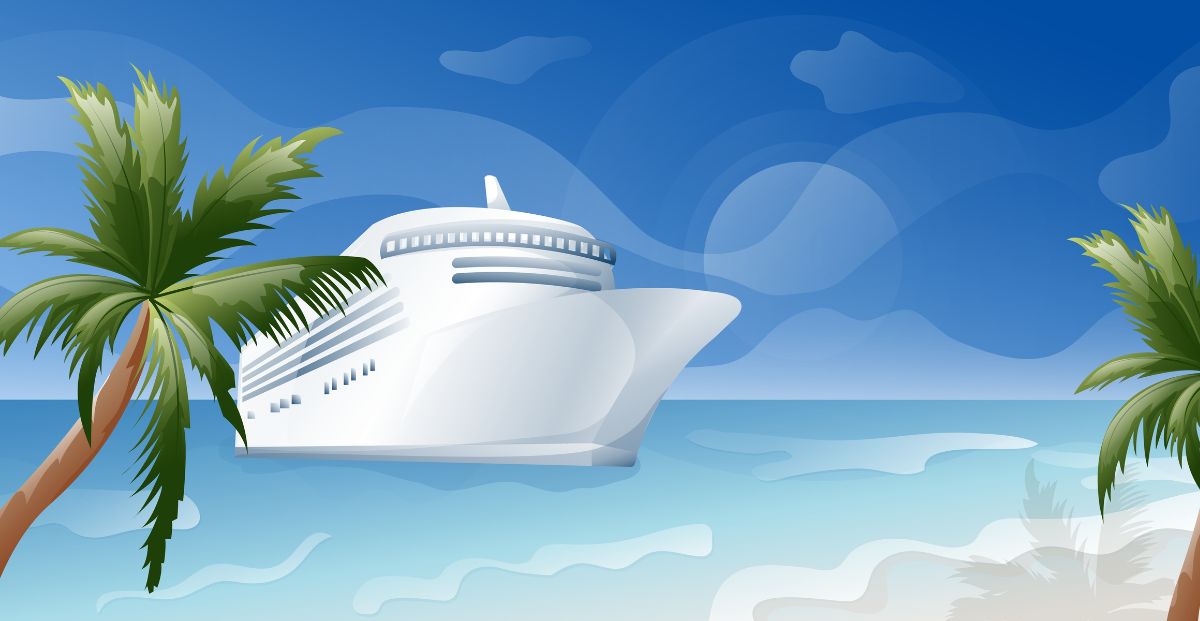 an illustration of a cruise ship approaching a coast line