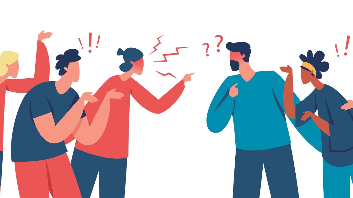 Digital illustration on white background of two groups of people fighting