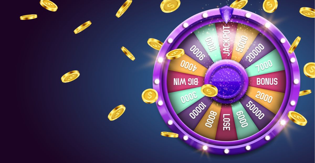 an illustration of a prize wheel with gold coins falling around it