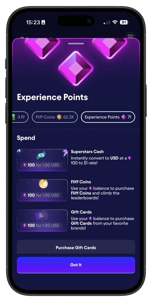 Fliff-Superstars-XP-screen