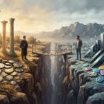 An artistic illustration shows a deep canyon separating a classical landscape with marble columns from a modern, tech-focused landscape featuring crystalline structures and colorful gaming tokens.