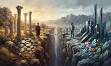 An artistic illustration shows a deep canyon separating a classical landscape with marble columns from a modern, tech-focused landscape featuring crystalline structures and colorful gaming tokens.
