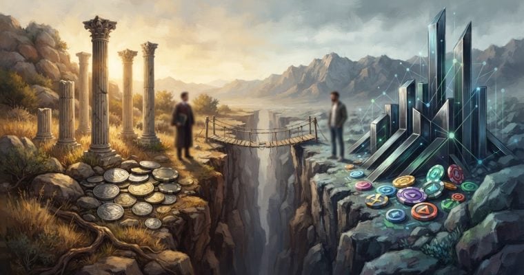 An artistic illustration shows a deep canyon separating a classical landscape with marble columns from a modern, tech-focused landscape featuring crystalline structures and colorful gaming tokens.