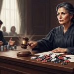 A judge in a courtroom strikes a gavel on a desk covered in stacks of casino poker chips.