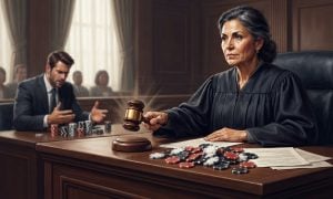 A judge in a courtroom strikes a gavel on a desk covered in stacks of casino poker chips.