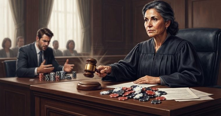 A judge in a courtroom strikes a gavel on a desk covered in stacks of casino poker chips.