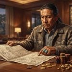 An older Native American man sits at a wooden table examining a large document, with stacks of gaming chips and gold nuggets nearby.
