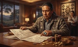 An older Native American man sits at a wooden table examining a large document, with stacks of gaming chips and gold nuggets nearby.