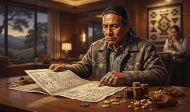 An older Native American man sits at a wooden table examining a large document, with stacks of gaming chips and gold nuggets nearby.