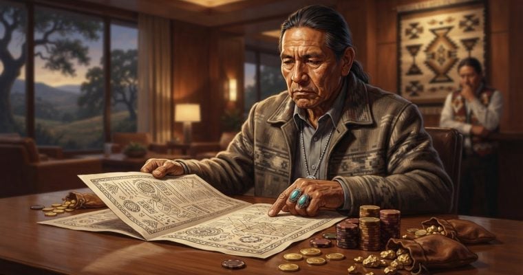 An older Native American man sits at a wooden table examining a large document, with stacks of gaming chips and gold nuggets nearby.