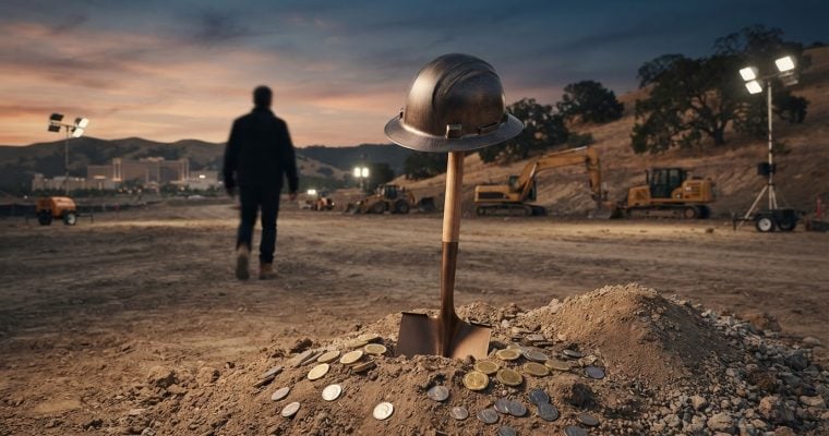 A construction shovel stands upright in a pile of dirt with a hard hat on top, while a person walks away toward construction machinery at dusk.
