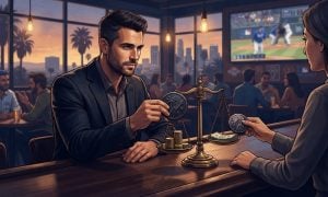 A man and a woman sitting at a bar counter use a brass scale to weigh coins against a stack of cash.