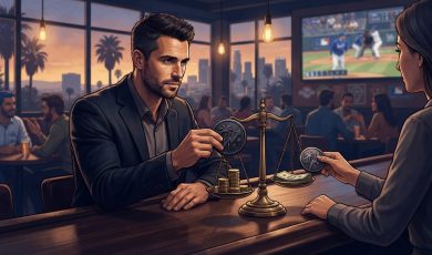 A man and a woman sitting at a bar counter use a brass scale to weigh coins against a stack of cash.