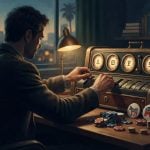 A man in a suit sits at a desk at night, operating a vintage mechanical device next to stacks of poker chips bearing political symbols.