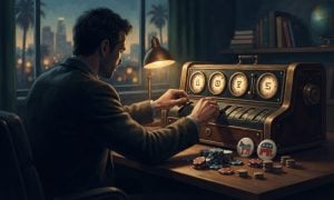 A man in a suit sits at a desk at night, operating a vintage mechanical device next to stacks of poker chips bearing political symbols.