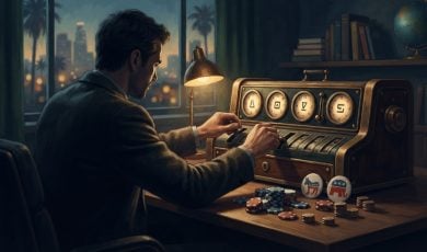 A man in a suit sits at a desk at night, operating a vintage mechanical device next to stacks of poker chips bearing political symbols.