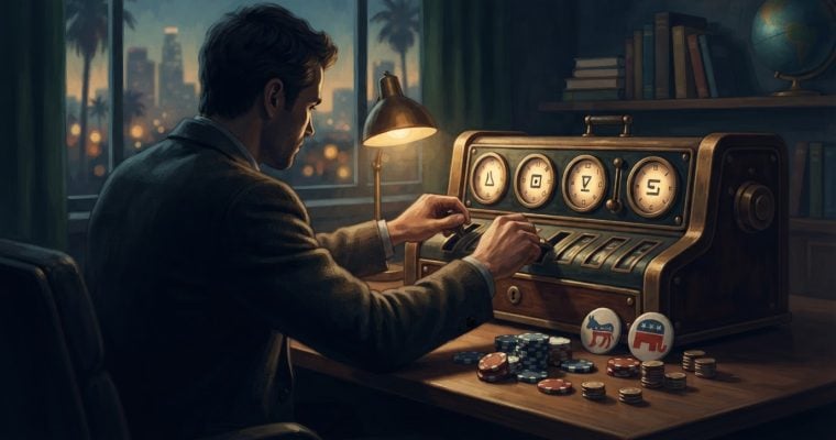 A man in a suit sits at a desk at night, operating a vintage mechanical device next to stacks of poker chips bearing political symbols.
