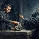A man in a suit places a stone tablet featuring a growth chart and coins onto a table before a figure in a judge's robe.