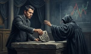 A man in a suit places a stone tablet featuring a growth chart and coins onto a table before a figure in a judge's robe.