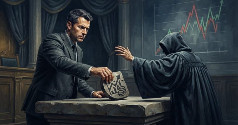 A man in a suit places a stone tablet featuring a growth chart and coins onto a table before a figure in a judge's robe.
